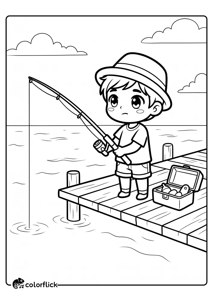 A line art illustration of a young child with a fishing rod standing on a wooden pier waiting for a bite, printable coloring page for kids.