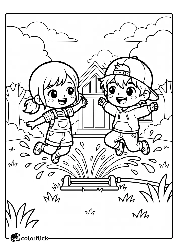 A boy and a girl with joyful expressions are jumping over an active water sprinkler with splashing droplets in a grassy backyard, featuring a house and trees, a printable coloring page for kids.
