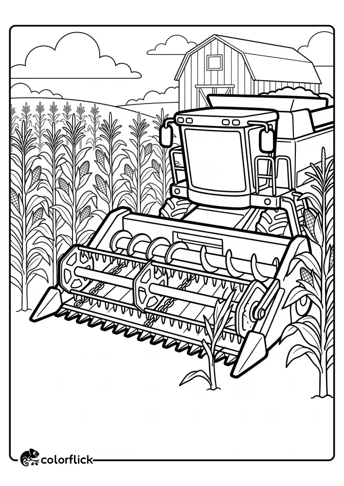 A printable coloring page for kids showing a large combine harvester with bold outlines cutting through a field of tall corn plants on a farm next to a big barn.