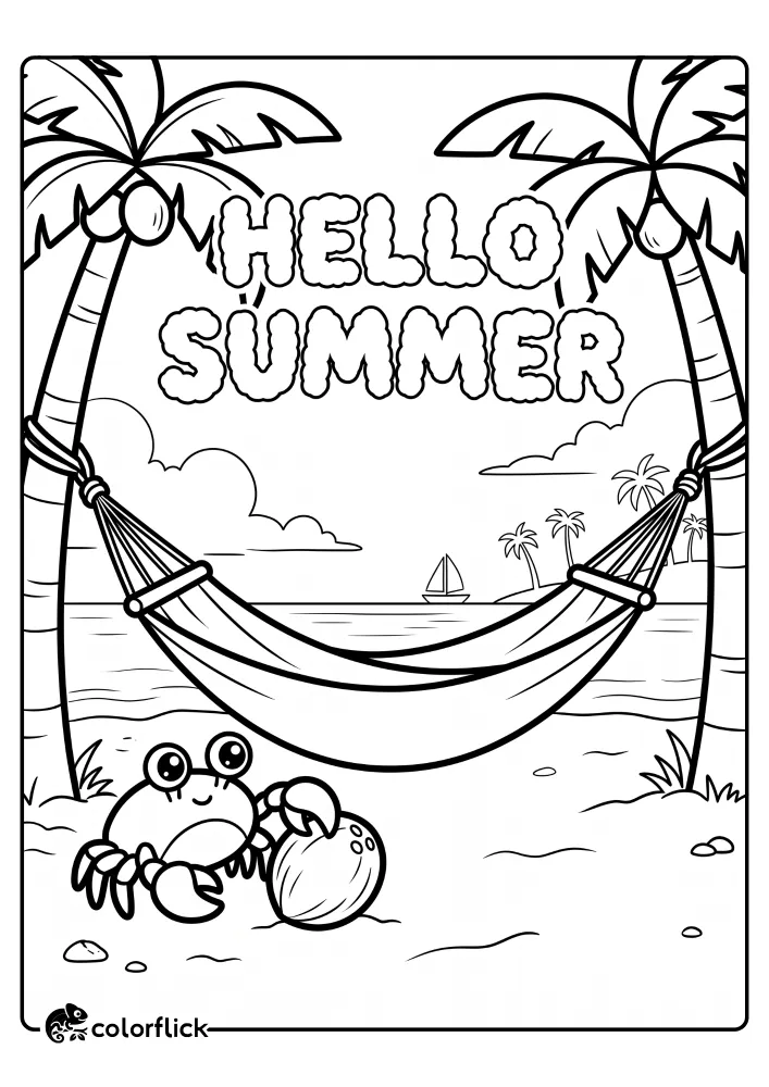 A fun free printable coloring sheet featuring a relaxing beach hammock tied between two palm trees and a cute crab holding a coconut under fluffy Hello Summer text.