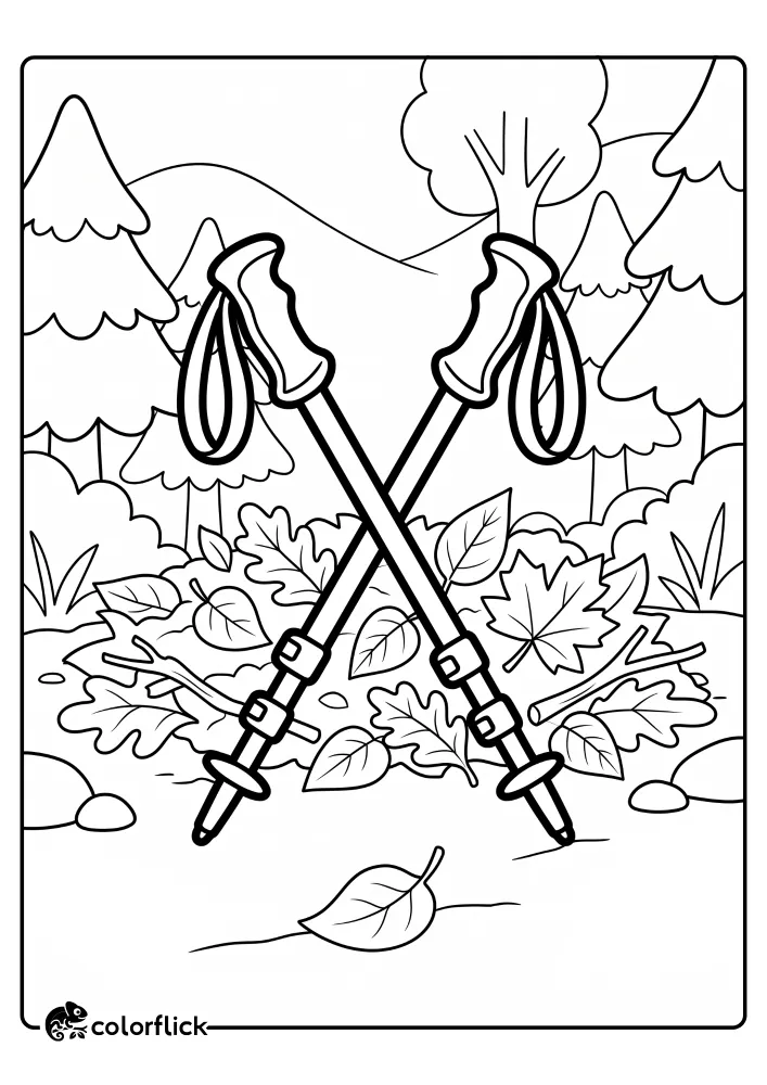 A free printable coloring sheet for kids featuring two adjustable trekking poles crossed over a pile of fallen leaves and twigs on a forest trail.