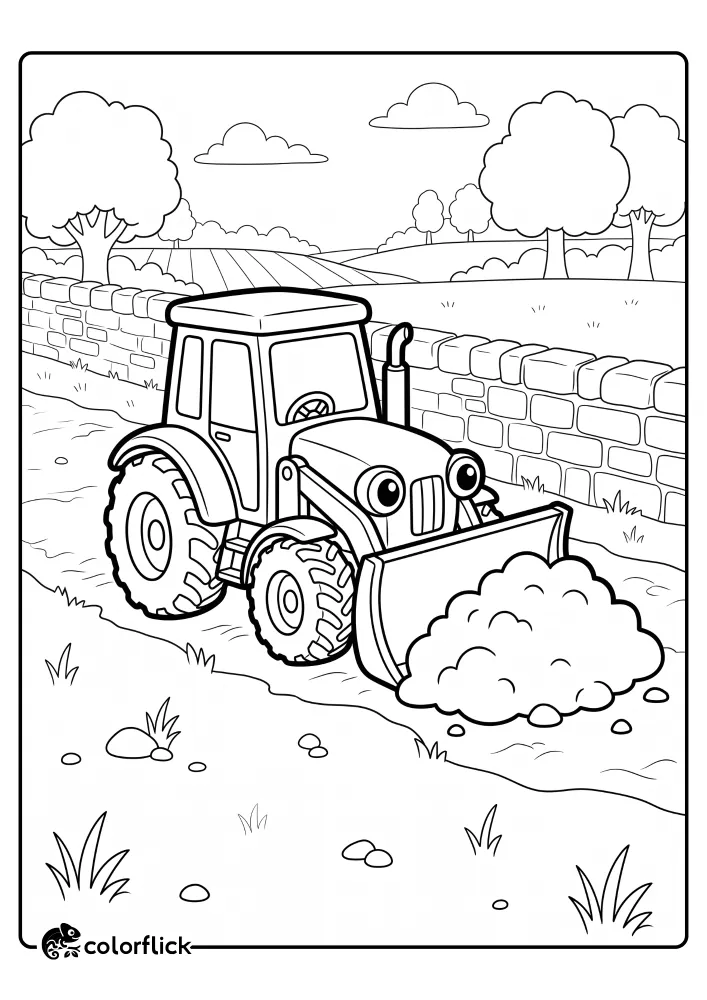 A friendly cartoon tractor with big eyes pushing a large pile of dirt on a dirt path next to a stone wall, featured as a printable coloring page for kids.