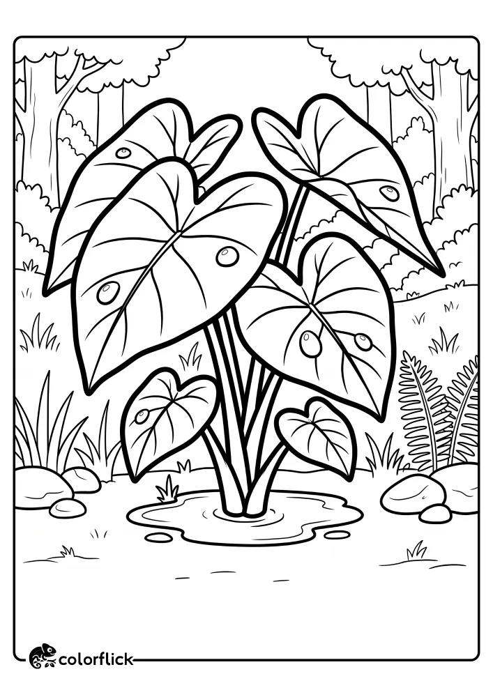 A printable coloring page for kids showing a grouping of massive, heart-shaped elephant ear leaves growing near a small forest puddle with round water droplets resting on the smooth leaf surfaces.