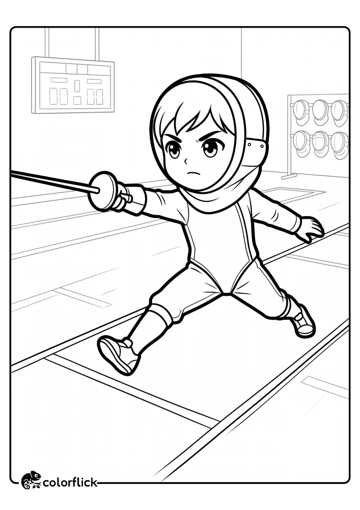 A printable coloring page for kids featuring a young fencer lunging forward with a sword on a fencing strip, with a scoreboard and a rack of fencing masks in the background.