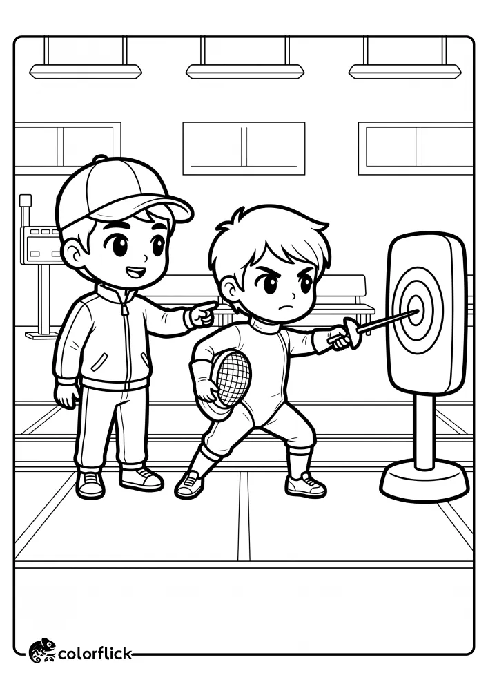 A printable coloring page for kids showing a young fencer practicing a precise thrust into a target dummy while a coach stands by and instructs them.