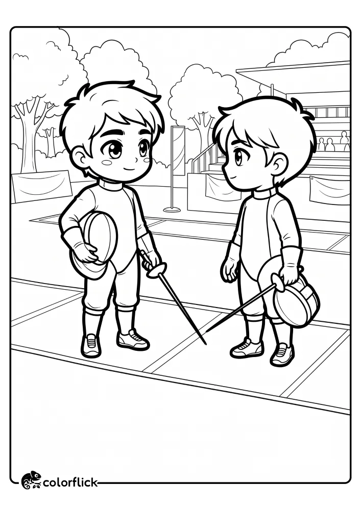 A printable coloring page for kids showing two young fencers standing respectfully on a fencing strip, holding their masks and swords, with spectators and trees in the background.