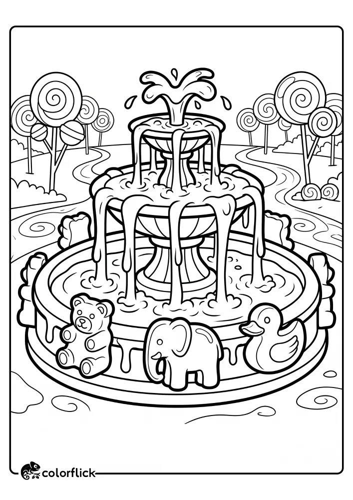 A detailed printable coloring page for kids featuring a tiered fountain with flowing liquid sugar, surrounded by a gummy bear, a toy elephant, and a duck figure, with lollipop trees in the background.