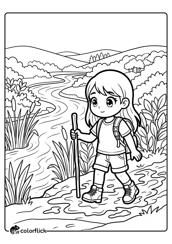An easy-to-color, printable coloring page for kids showing a cute girl hiker with a backpack and walking stick, walking along a muddy trail next to a flowing stream lined with tall reeds and dense bushes.