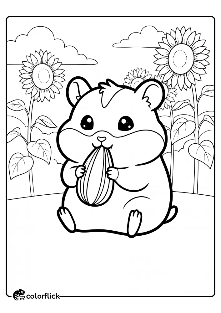 A cute hamster with a large head and expressive eyes is sitting on its hind legs in a sunflower field and holding a big sunflower seed in its tiny paws, ready to take a bite. This is a printable coloring page for kids and toddlers.