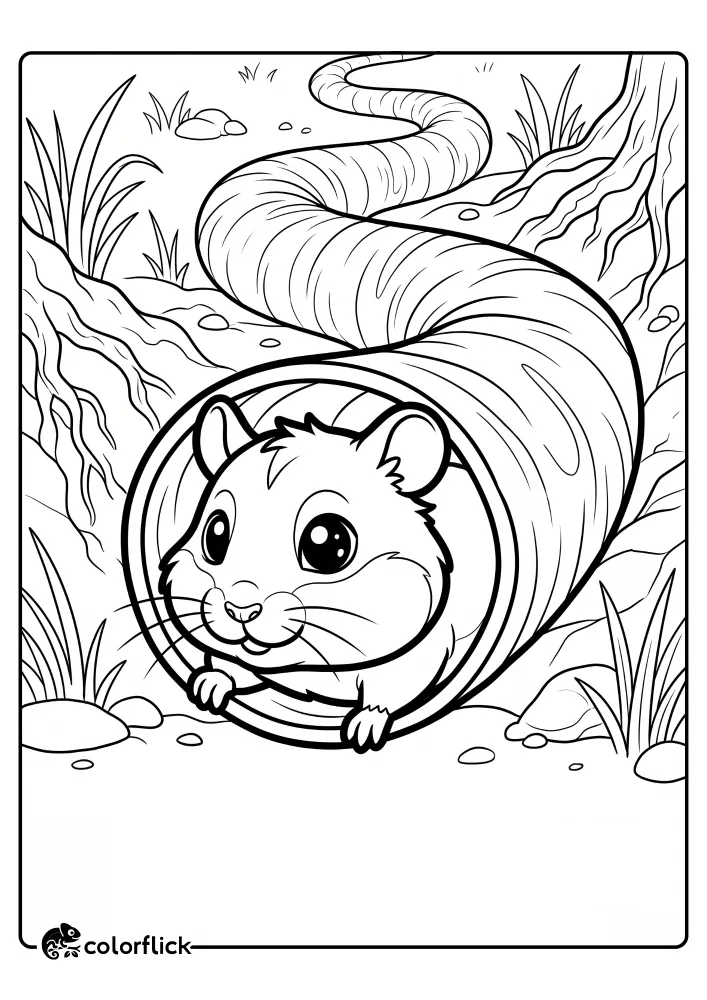 A cartoon hamster with large, expressive eyes is peeking out from the front opening of a long, ribbed tunnel, a free printable coloring sheet for kids.