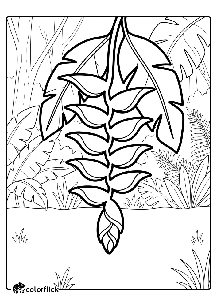 A printable coloring page for kids featuring a stem of hanging heliconia plants displaying alternating, pointed claw-shaped flowers against a simple jungle background.