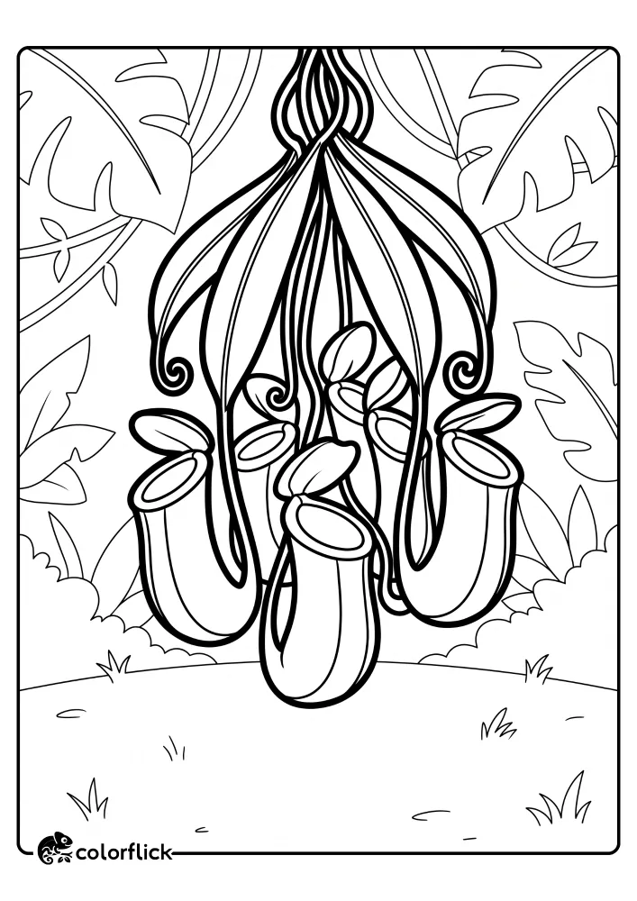 A printable coloring page for kids featuring a cluster of hanging pitcher plants with wide open lids suspended in a simplified jungle setting.