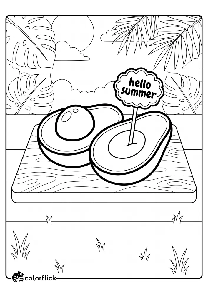 A black and white line art free printable coloring sheet showing a large, split avocado resting on a wooden cutting board with a small decorative sign reading hello summer.