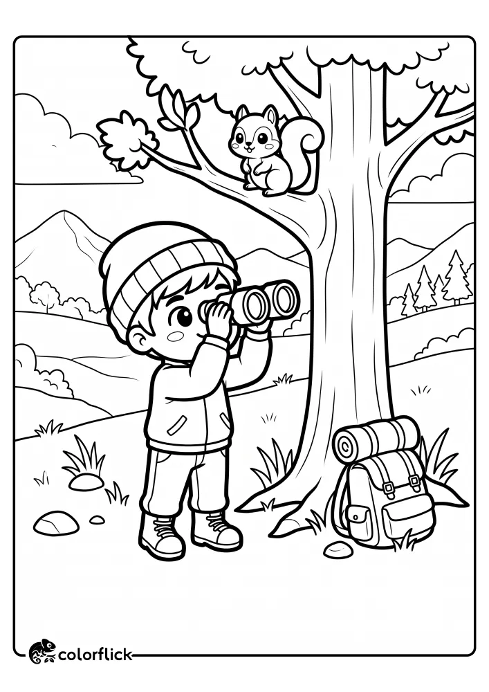 A clean black and white line art printable coloring page for kids showing a cute hiker boy in a beanie looking through binoculars at a squirrel in a tree, set in a mountain landscape.