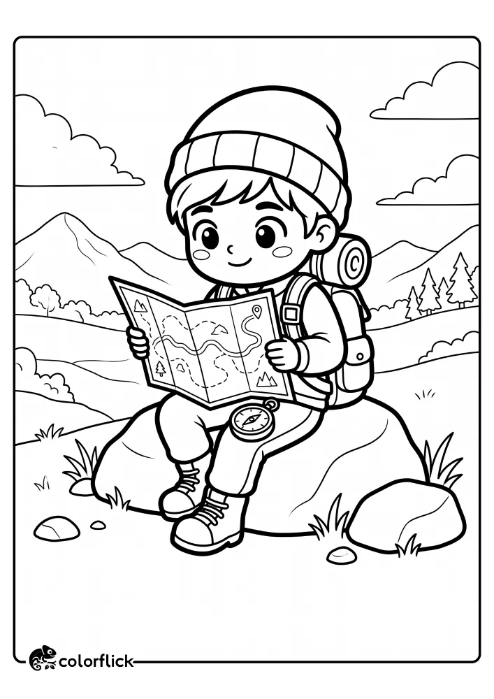 A simple line art printable coloring page for kids of a cute hiker sitting on a mountain rock looking at a map, perfect for fine motor skills and creative expression.