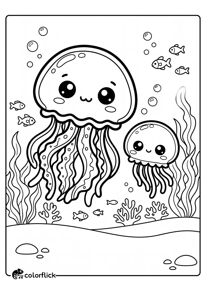 A printable coloring page for kids showing a large smiling parent jellyfish and a smaller baby jellyfish swimming together with small fish and bubbles in the ocean.