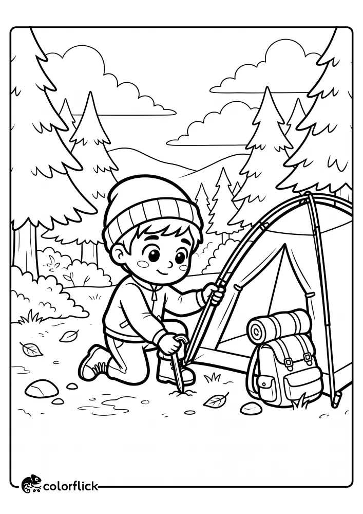 A line art illustration of a cute boy in a beanie kneeling and pushing a stake to set up a small dome tent, with a backpack nearby, in a forest clearing with mountains, making a printable coloring page for kids.