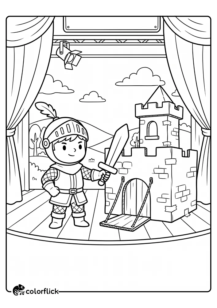 A printable coloring page for kids featuring a brave knight in full armor and a helmet, standing proudly with a sword on a decorated stage beside a large cardboard castle.