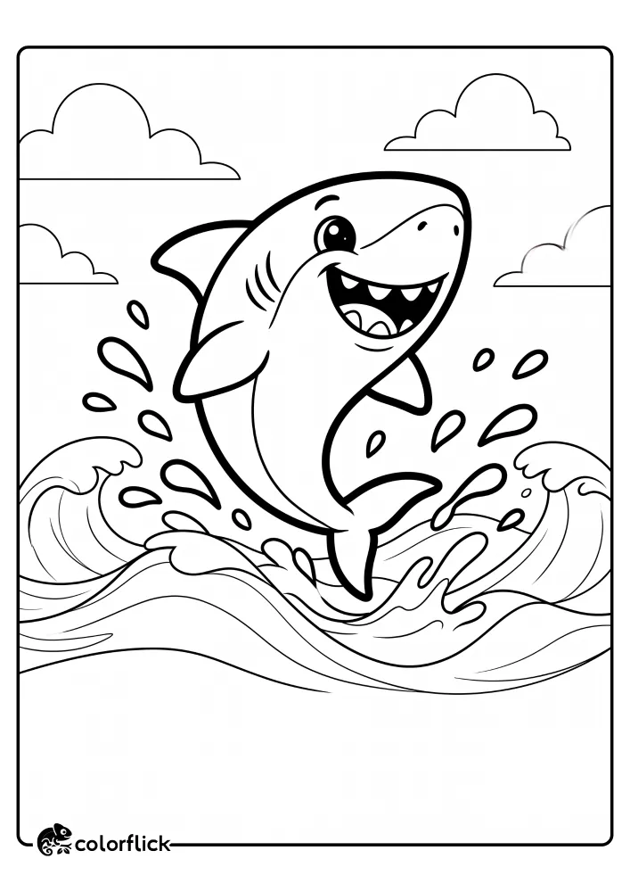 A happy cartoon shark leaps high out of splashing ocean waves under simple clouds, a free printable coloring sheet for kids.
