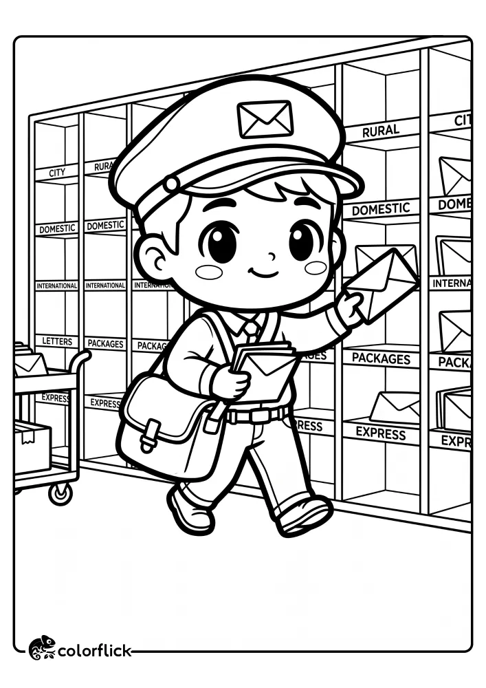 A cheerful mail carrier in uniform carefully places letters into labeled sorting shelves like City, Rural, and Domestic in this detailed printable coloring page for kids.