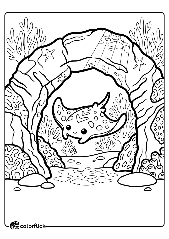 A simple black and white line art illustration of a happy manta ray swimming through a large coral reef archway, perfect for a printable coloring page for kids.