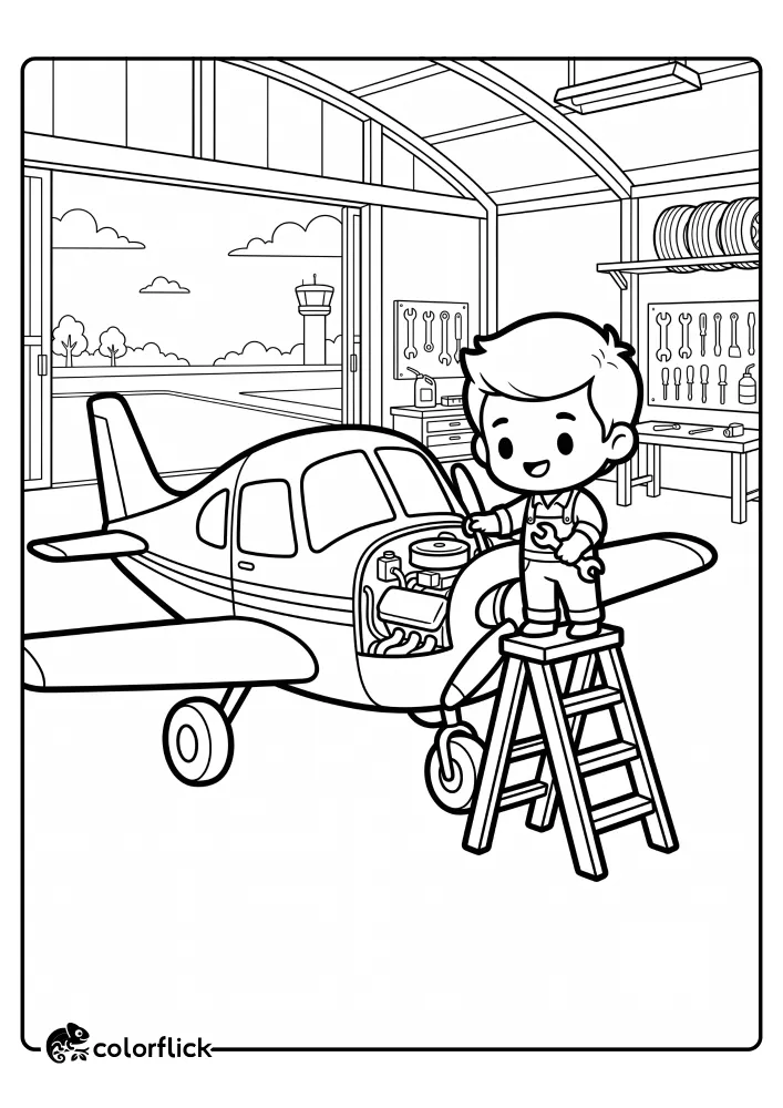 A printable coloring page for kids showing a smiling chibi boy mechanic on a ladder, using a wrench to fix the engine of a small plane inside a detailed airport hangar. It is a free printable coloring sheet.