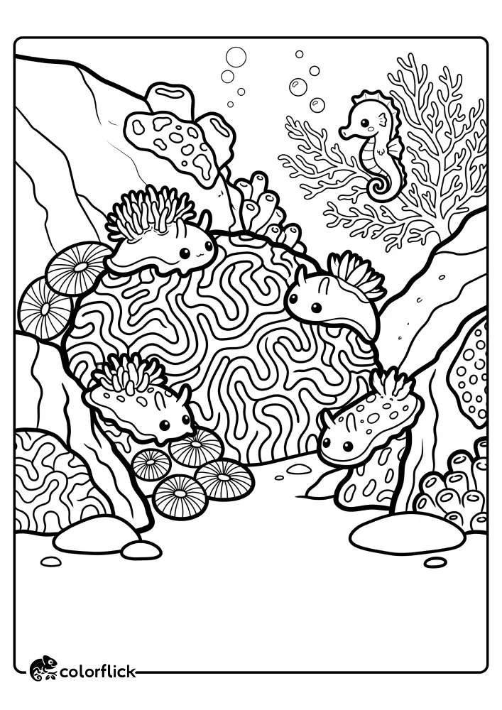 A close-up black and white line art illustration of friendly nudibranchs and a tiny seahorse exploring a diverse coral reef, featured as a free printable coloring sheet.
