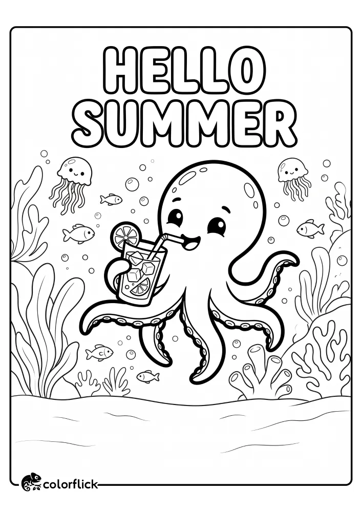 A cute, printable coloring page for kids of a happy octopus underwater, holding a glass of fruit drink with a straw, surrounded by jellyfish, fish, and coral under large HELLO SUMMER text.