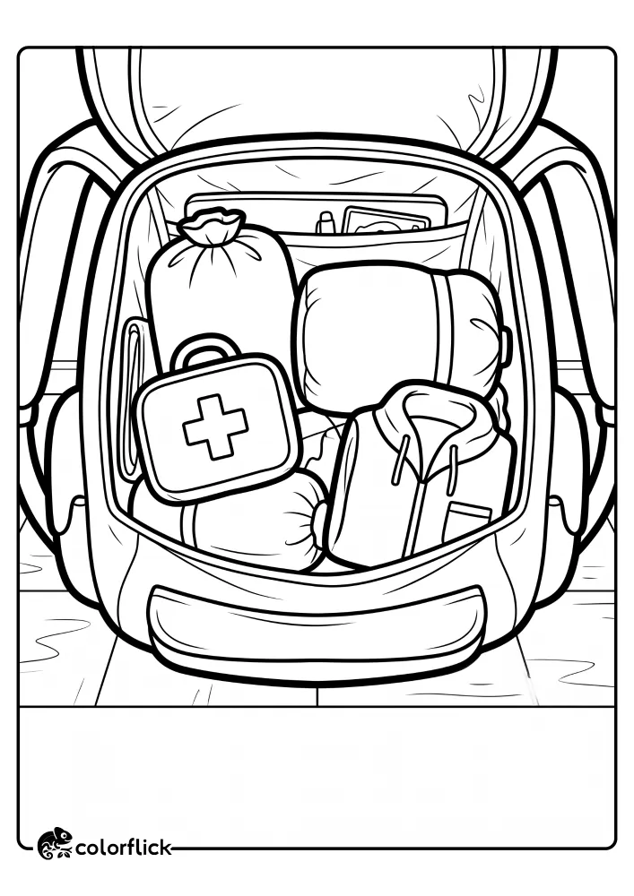 A clear black and white line art illustration of an open hiking backpack packed with a first aid kit and rain jacket, creating a fun free printable coloring sheet.