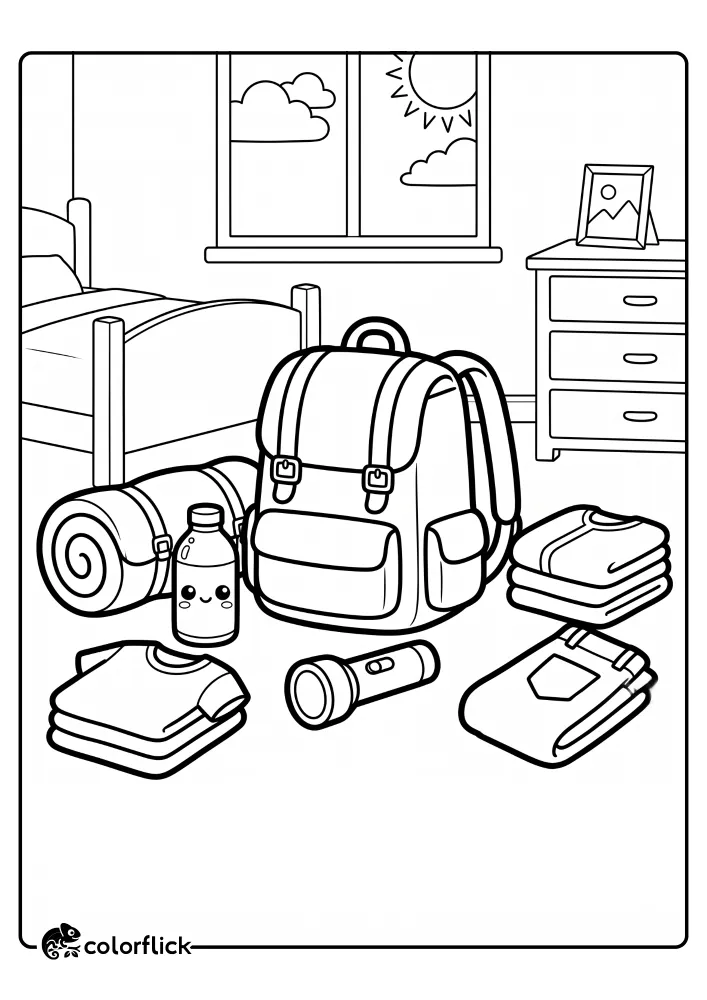 A clear black and white free printable coloring sheet showing a hiking backpack, sleeping bag, flashlight, and folded clothes organized on a bedroom floor ready for a camping trip.