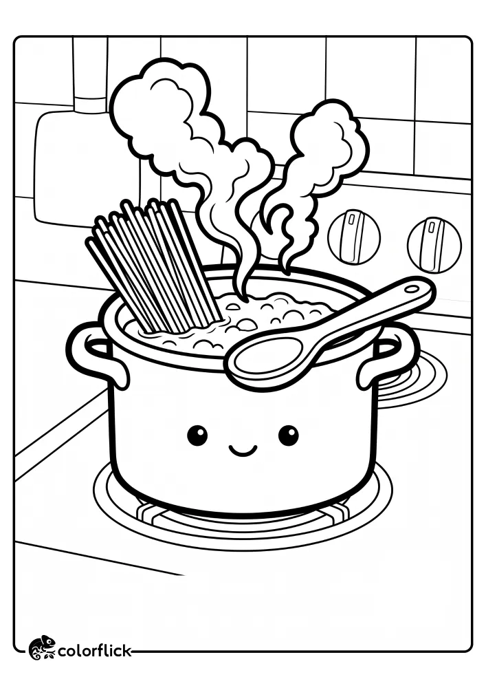 A clean line art drawing of a smiling cooking pot filled with boiling water and spaghetti noodles sitting on a kitchen stove, providing a fun and printable coloring page for kids.
