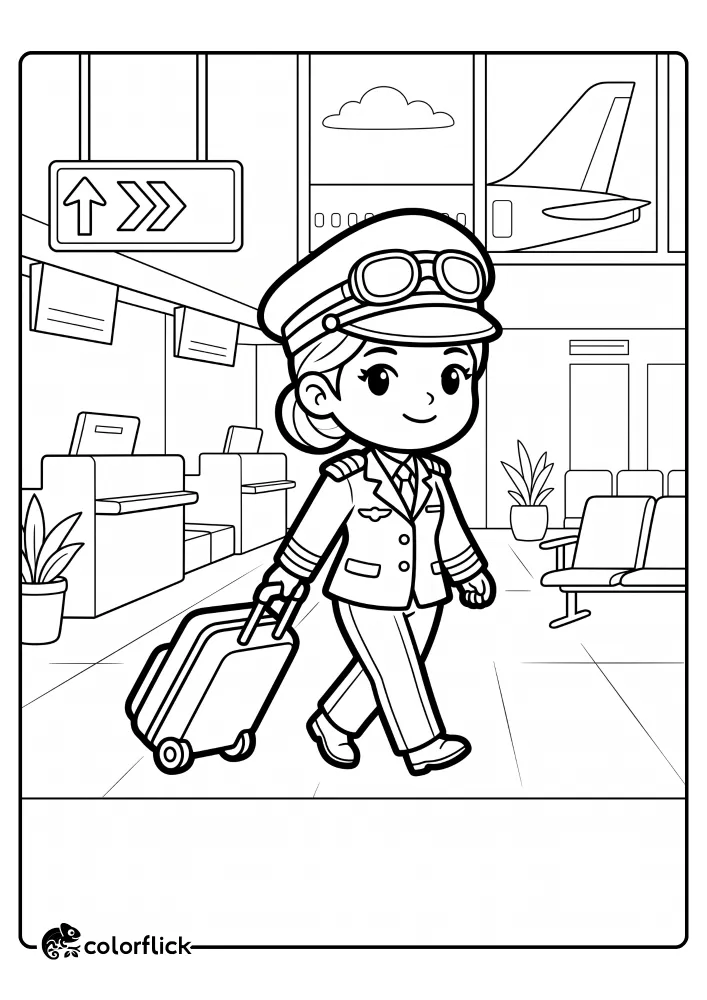 An easy, printable coloring page for kids showing a cute pilot with a large head, wearing an aviator hat and goggles, pulling a wheeled suitcase through an airport terminal with a "GATE A1" sign and check-in desks.