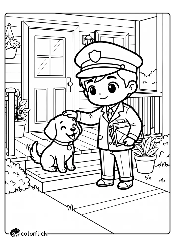 A friendly mailman in uniform smiles while petting a cute puppy on a porch with letters, a printable coloring page for kids.