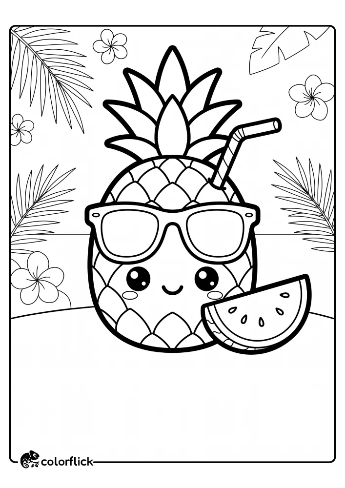 printable-easy-smiling-pineapple-sunglasses-watermelon-coloring-page