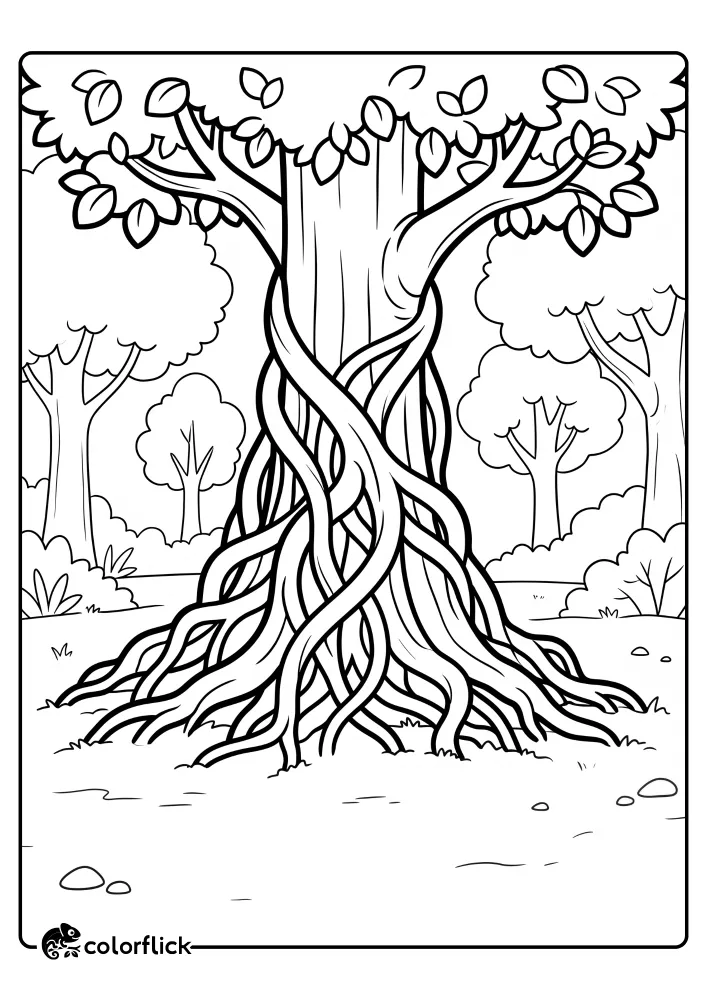 A printable coloring page for kids featuring a strangler fig tree with thick, interconnected roots completely wrapping around a straight tree trunk in a forest setting.