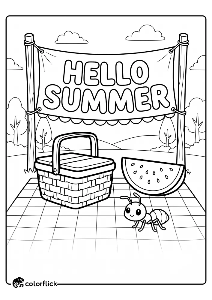 A printable coloring page for kids featuring a cute cartoon ant standing on a checkered picnic blanket next to a picnic basket and a slice of watermelon. A banner hanging between trees in the park reads 'HELLO SUMMER' in large bubble letters.