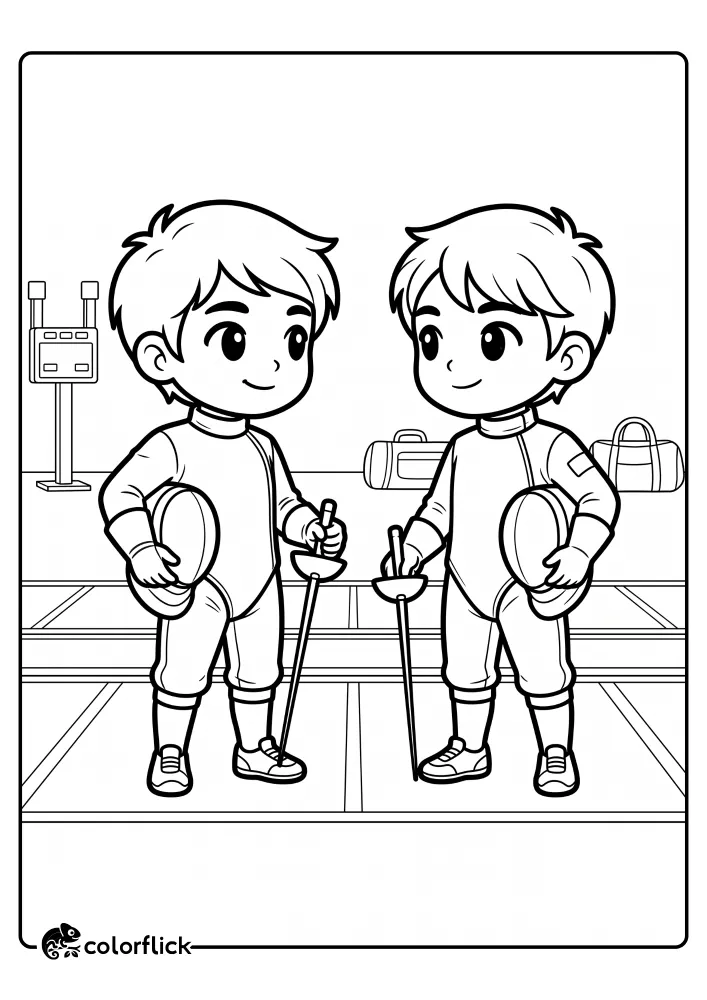 A free printable coloring sheet showing two young fencers standing face-to-face on a marked strip, holding their masks and swords in a moment of respect before a match, featuring bold outlines for easy coloring.