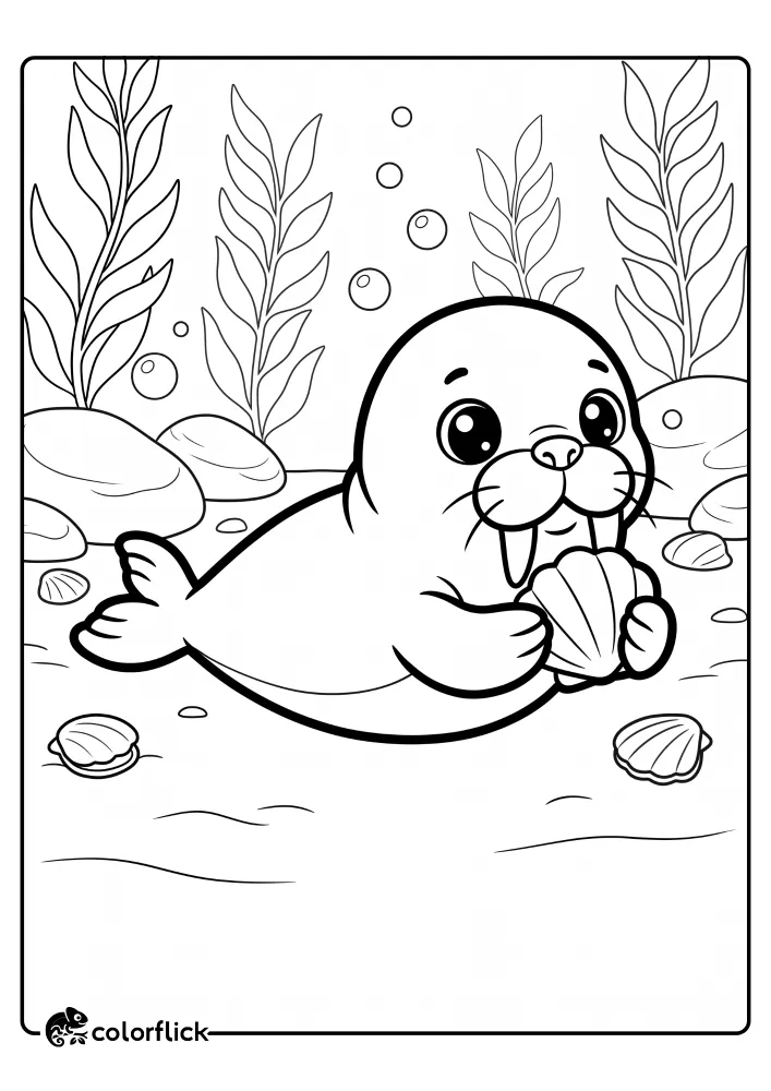 A printable coloring page for kids featuring an adorable young walrus with large eyes foraging on the ocean floor, holding a clam shell in its flipper amidst kelp and rocks.