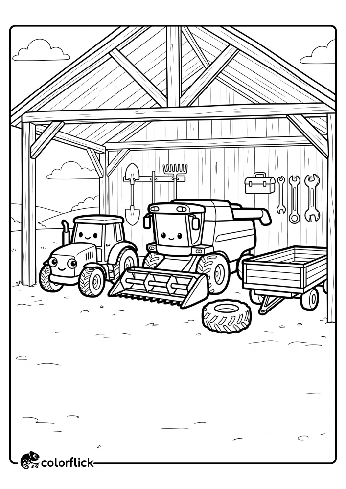 A printable coloring page for kids showing an open-fronted farm barn with a tractor, combine harvester, and flatbed trailer parked inside, alongside hanging tools and a tire, perfect for creative play.