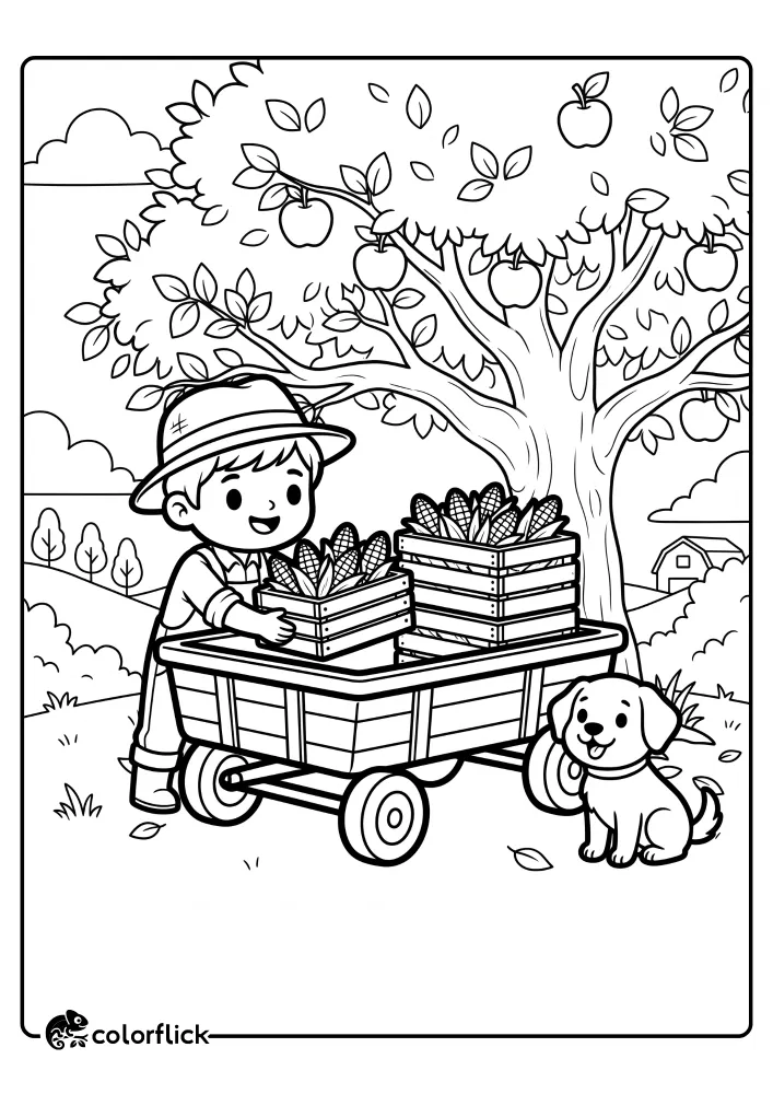 A simple line art illustration for a printable coloring page for kids, showing a young boy with a straw hat pushing a wooden farm wagon full of corn crates under an apple tree, with a friendly dog sitting nearby in an orchard setting.