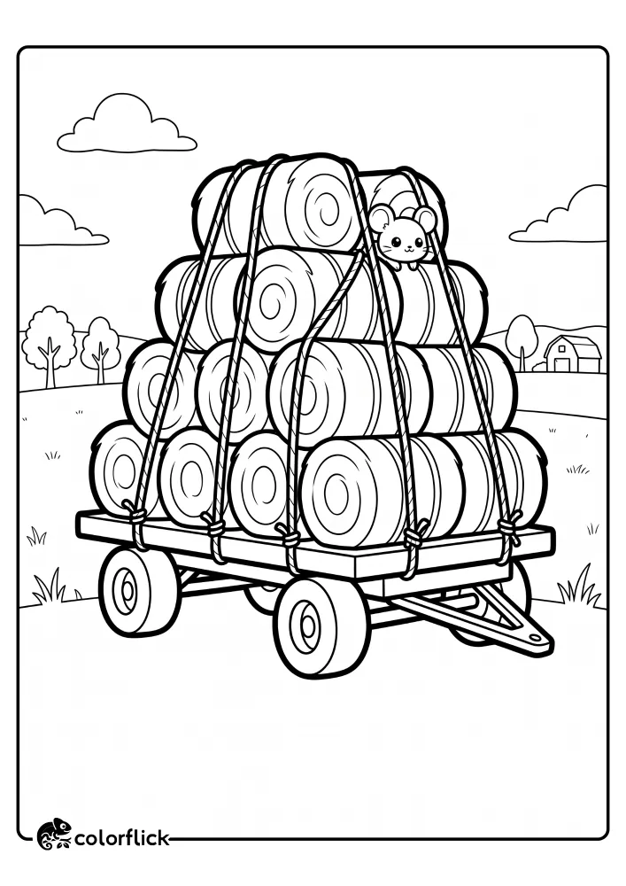 A charming and easy printable coloring page for kids, featuring a stacked four-wheeled farm wagon filled with hay bales and a small cute mouse peeking out. The setting is an open field with a barn and trees in the distance. This coloring sheet has clean, bold line art.