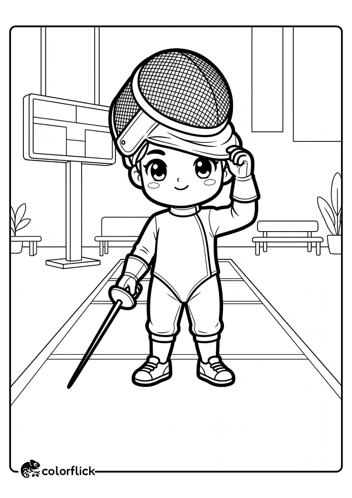 A printable coloring page for kids featuring a young fencer holding a foil and adjusting their mask while standing on the fencing strip, with a scoreboard and benches in the background.
