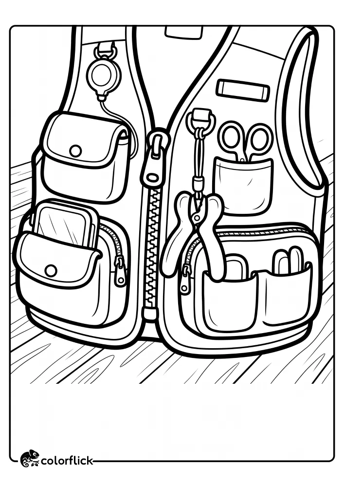 A free printable coloring sheet featuring a close-up view of a fishing vest detailed with organized pockets, a zipper, pliers, and scissors.