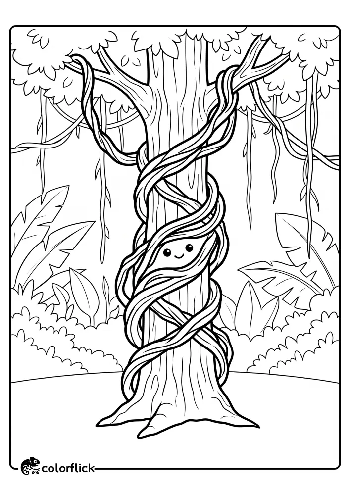 A printable coloring page for kids featuring a large, smiling jungle tree with thick, winding liana vines wrapped around its trunk, surrounded by tropical foliage.