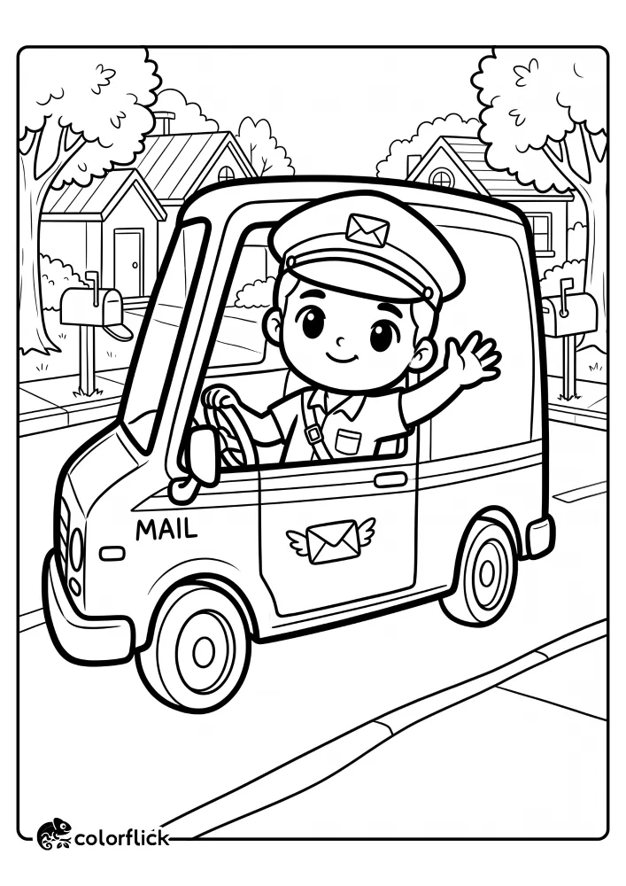 A cute cartoon mailman with a big smile is driving a mail truck and waving, a printable coloring page for kids.