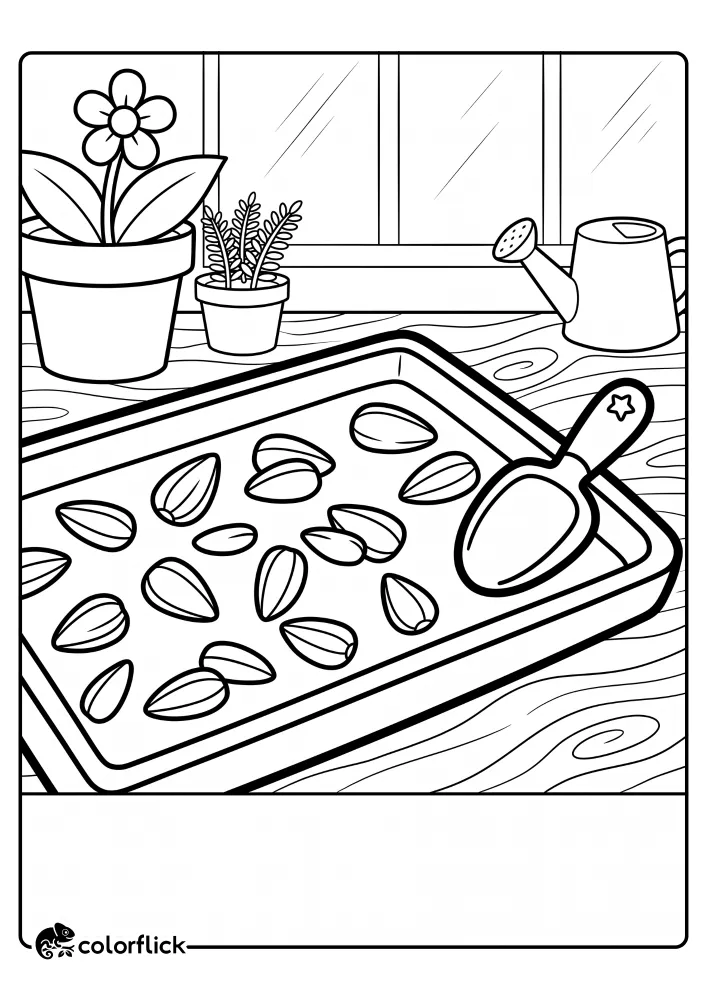 A printable coloring page for kids showing a tray of large seeds with a small scoop, sitting on a wooden table with potted plants and a watering can near a window.