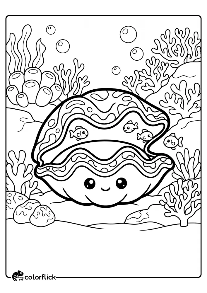 A detailed line art illustration of a large, smiling giant clam with distinct wave patterns on its shell and mantle, surrounded by three small fish swimming inside its open opening and various branching and boulder corals on a sandy reef bed, presented as a printable coloring page for kids.