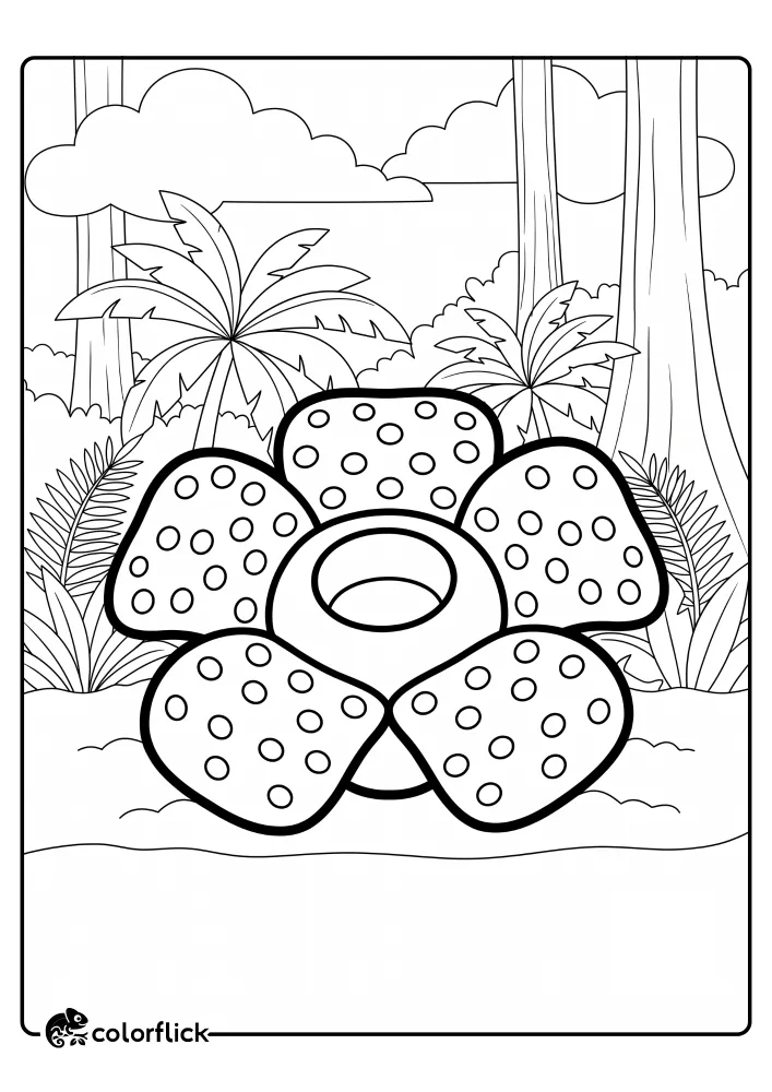 A free printable coloring sheet featuring a giant, five-petaled rainforest flower with circular spots resting on the jungle floor.