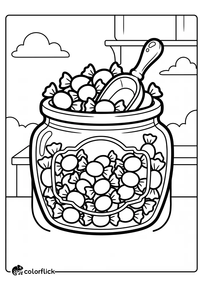 A free printable coloring sheet featuring a large vintage glass jar overflowing with wrapped hard candies and a metal scoop.
