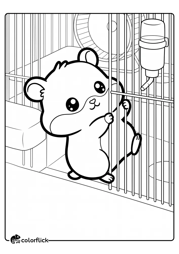A simple black and white line art illustration of a small pet hamster peeking out from behind the bars of its cage, next to a water bottle and running wheel, designed as a free printable coloring sheet for kids.